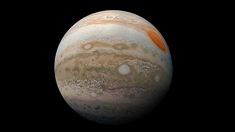 Titles Jupiter Marble (2019), this colour-enhanced view of Jupiter shows the iconic Great Red Spot alongside the swirling turbulence of the southern hemisphere. Made from three images taken during a close pass in February 2019, it highlights the dramatic contrasts in Jupiter’s atmosphere. Citizen scientist Kevin M Gill processed the raw JunoCam data to create the image.
