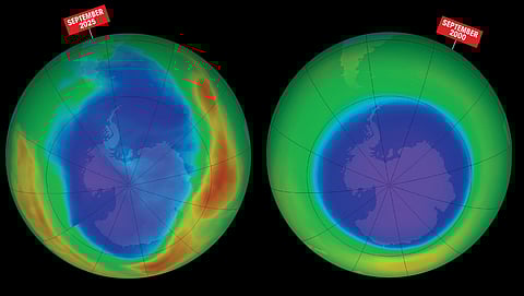 Areas of low ozone above Antarctica in September 2025 (above) and in September 2000. The purple and blue regions are where there is the least ozone, and the yellows and reds are where there is more ozone
