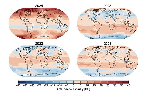 Deviation of recent annual mean total ozone columns from the geographic long-term average distribution. A dobson unit (DU) represents the integrated amount of ozone in the atmospheric column; 300 DU is a typical level for mid-latitudes, but this value can be higher or lower in the polar and tropical regions, respectively.