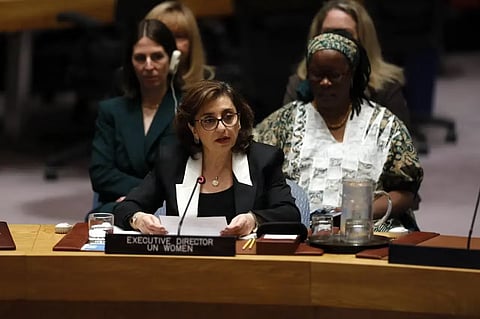 UN Women Executive Director Sima Bahous speaking at the United Nations headquarters in New York on October 6, 2025.