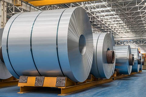 Large aluminium steel rolls in the factory.
