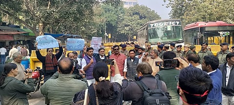 A brief protest took place at Jantar Mantar before police asked demonstrators to disperse.