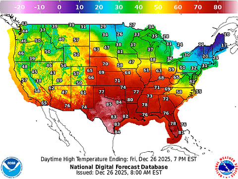 Daytime maximum temperatures over the US on December 26, 2025.