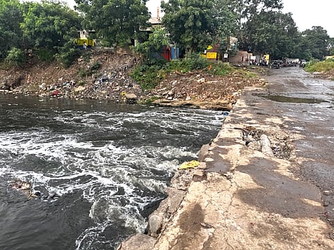 Sewage and solid waste flowing into the Kanh River in Indore near Goari Nagar bridge.