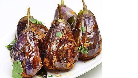 Stuffed brinjal with coriander and green chilli paste.