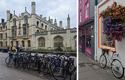 Left: A parked bicycle on a street in Edinburgh; Right: Cycle stands outside the University of Cambridge campus.