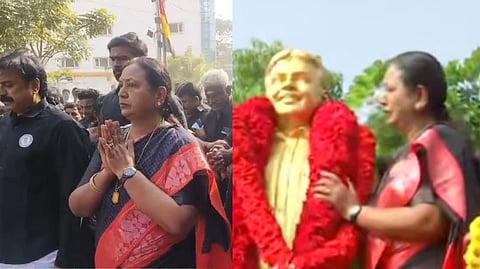 “கேப்டன் சிலையை ஆரத்தழுவி கண்ணீர் விட்ட பிரேமலதா” - இரண்டாம் ஆண்டு நினைவு நாளில் அமைதி பேரணி… இருமுடி கட்டி வந்து ரசிகர்கள் அஞ்சலி!