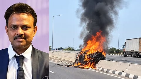 சில நொடிகளில் நடந்த கோர விபத்து... தடுப்பில் மோதி தீப்பிடித்த காருக்குள் சிக்கிய பிரபல மருத்துவர்!
