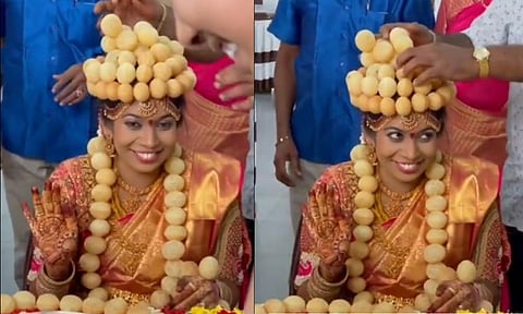 மணப்பெண்ணுக்கு பானிபூரி மாலை, கிரீடம் அணிவித்து மகிழ்வித்த உறவினர்கள்..!