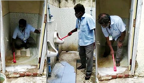 கழிவறையையை சுத்தம் செய்யும் தலைமை ஆசிரியர்... வைரலாகும் வீடியோ...