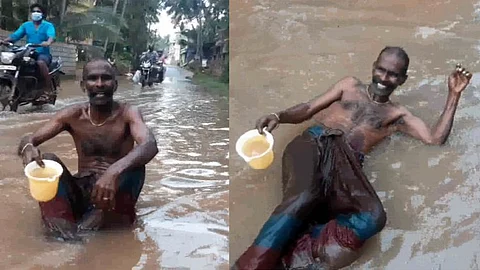 சாலையில் பாய்ந்தோடும் கால்வாய் தண்ணீர்... தனியாக குளித்து போராட்டம் நடத்திய முன்னாள் கவுன்சிலர்...