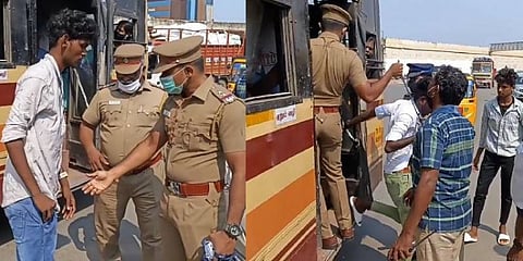 பேருந்து படிக்கட்டில் தொங்கியபடி மாணவர்கள் ரகளை....எச்சரித்த போலீஸ்