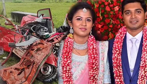 திருமணமான 4 நாட்களில் விபத்து... கார் மீது லாரி மோதி புதுமணத் தம்பதி பலி...