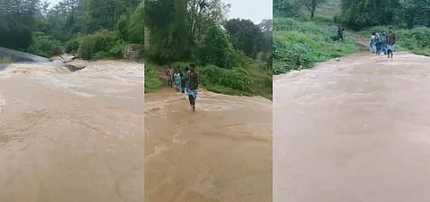 கரைபுரண்டு ஓடும் காட்டாற்று வெள்ளம்.. ஆபத்தான முறையில் ஆற்றை கடந்து செல்லும் மக்கள்