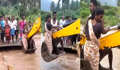 தரைப்பாலம் உடைந்ததால் ஜே.சி.பி. இயந்திரம் மூலம் ஆற்றை கடந்த கர்ப்பிணி...