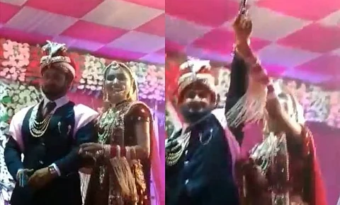 மணமேடையில் மூன்று முறை துப்பாக்கியால் சுட்டு மாட்டிக்கொண்ட மணமக்கள்...