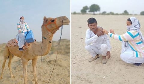 ஒட்டகத்தில் சென்று தடுப்பூசி போடும் செவிலியர்!! குவிந்து வரும் பாராட்டுக்கள்!!