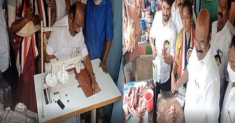 கறி கடையில் புகுந்து கறி வெட்டி, துணிக்கடையில் புகுந்து துணி தைத்து வாக்கு கேட்ட ஜெயக்குமார்!!