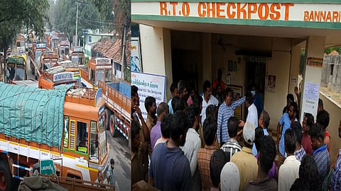 பண்ணாரி சோதனை சாவடியில் கனரக வாகனங்களுக்கு திடீர் அனுமதி மறுப்பு.. லாரி ஓட்டுனர்கள் போராட்டம்!!