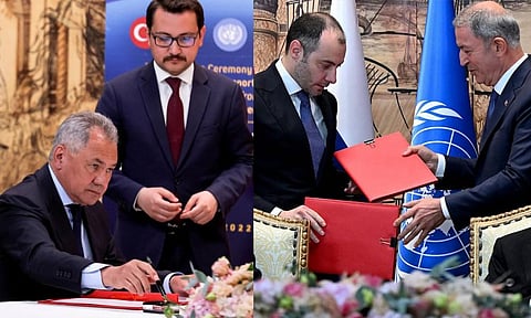 உக்ரைன் துறைமுகங்களில் இருந்து பாதுகாப்பான தானிய ஏற்றுமதி.. ஐநா முன்னிலையில் ரஷ்யா - உக்ரைன் ஒப்பந்தம்