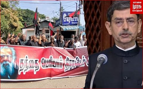 போராட்டத்தில் குதித்த பெரியார் திராவிடர் கழகத்தினர்...ஆளுநருக்கு எதிராக வலுக்கும் போராட்டம்...!