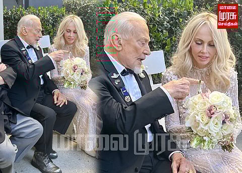 93 வயதிலும் இளமை ஊஞ்சலாடும் பஸ் ஆல்ட்ரின்... நான்காவது திருமணம் செய்து கொண்ட போட்டோக்கள் வைரல்...