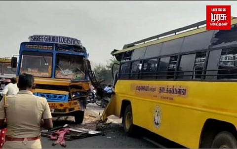 பள்ளி பேருந்து மீது லாரி மோதி விபத்து...அதிர்ஷ்டவசமாக உயிர் தப்பிய குழந்தைகள்...!