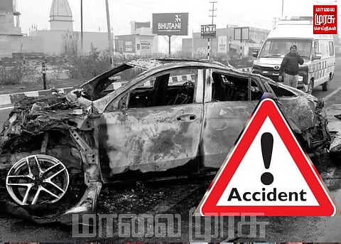 லாரி மீது மோதி தீப்பிடித்து கார் எரிந்ததால் 4 பேர் காயம்...