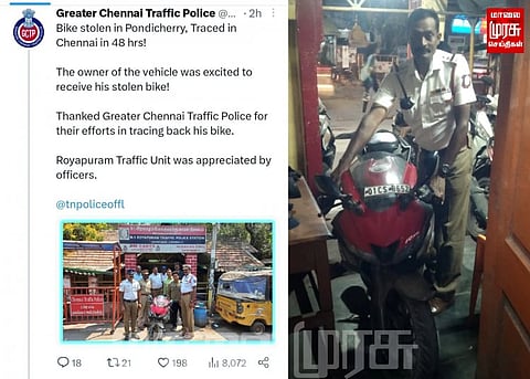 திருடப்பட்ட பைக்-கை ‘48’ மணி நேரத்தில் கண்டுபிடித்த சென்னை போக்குவரத்து போலீசார்!