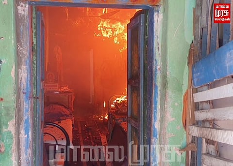 தீயில் முழுவதும் எரிந்து சேதமான டிரைவர் ஓட்டு வீடு...