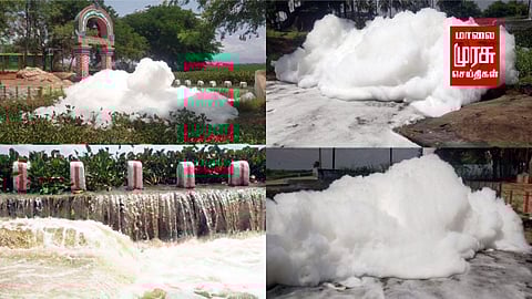 கண்மாய் நீரில் வெள்ளை வெள்ளையாய் நுரை...!   ஆலைக்கழிவுகள் கலப்பதால் அபாயம்....!