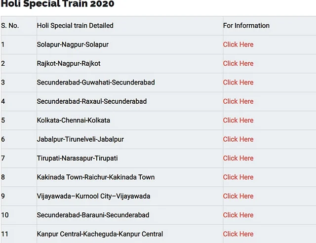 Special Trains for Holi 2020.