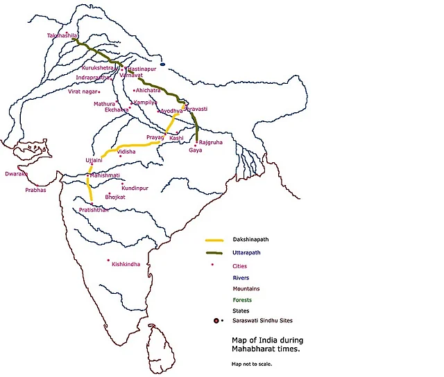 Map of India during Mahabharat times. Shows the two main roads: Uttarapath and the Dakshinapath