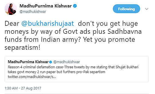 Can A Kashmir CJM Defy SC? The Curious Case Of Criminal Defamation Against Madhu Kishwar