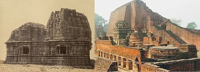 The demolished temple at Somnath and the burnt library of Nalanda.