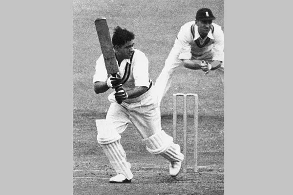 1952: Vinoo Mankad (Mulvantrai Himmatlal Mankad 1917-1978) batting for India against England in a test match at Manchester. (Central Press/Getty Images)
