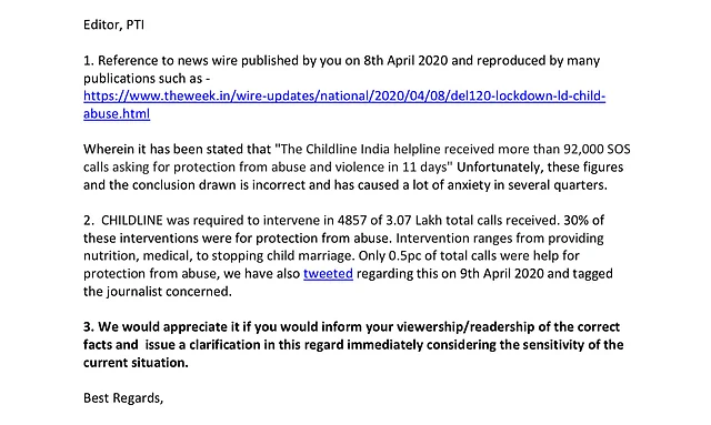 Email by the helpline to editor of PTI on 12 April
