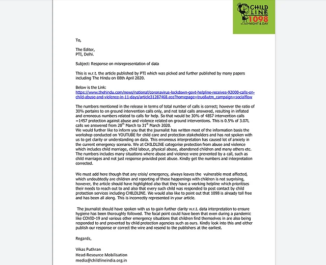 Email by the helpline to editor of PTI on 12 April