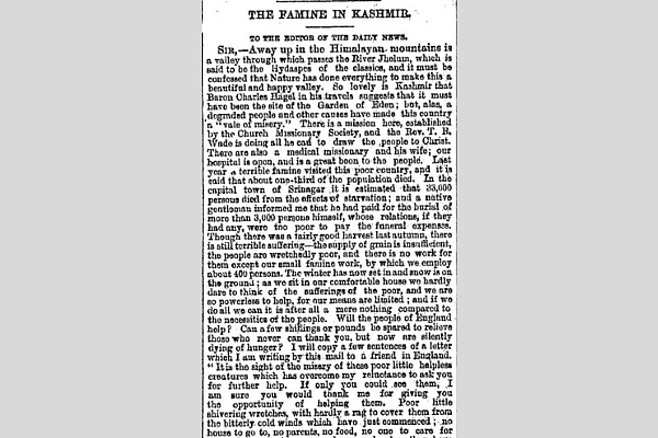 Figure 2. The Famine in Kashmir – Letter by E Downes, Medical Missionary of Kashmir, 16 December 1878, The Daily News