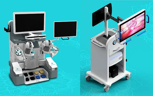 Surgeon command centre, left, and the 3D high-definition display of the SSI MANTRA robotic surgery system.