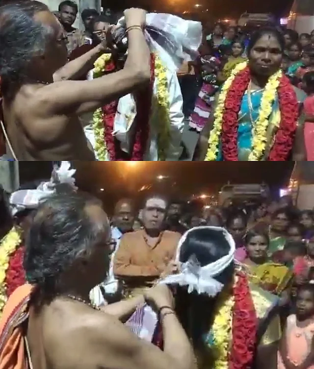 The Archaka tying Parivattam to Indra couple: both the wife and husband
