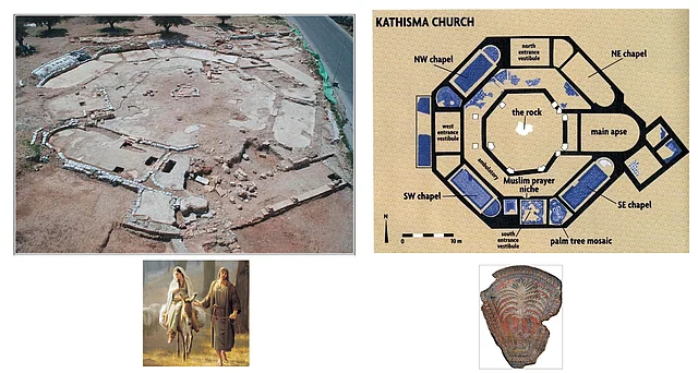 Kathisma - Church of the resting rock of Virgin Mary: Shows Muslim prayer room: palms depiction is in accordance with Islamic tradition of Mary resting under palm trees.