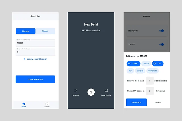 Screenshots from the Smart Jab app