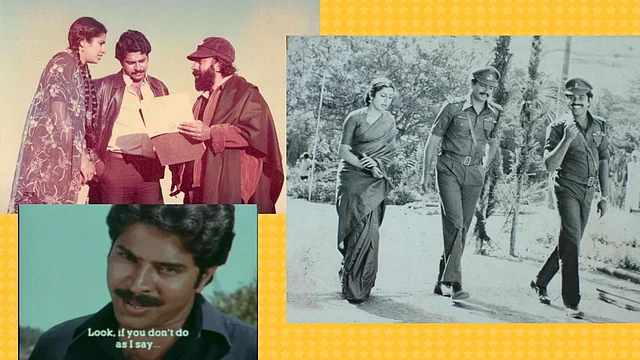 Mammootty with Suhasini and filmmaker Padmarajan (top); Stills from <i>Koodevide</i>in which Mammootty plays an obsessively jealous fiancé to Suhasini