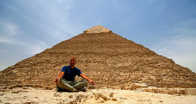 Meditating at Kafre’s pyramid in Giza. (Photo Courtesy: Jay Kannaiyan)