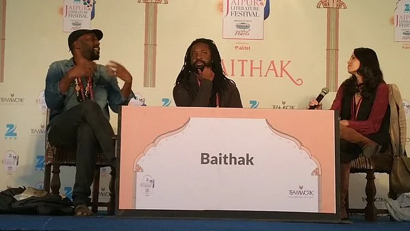 Kei Miller & Marlon James talk at the the ninth edition of Jaipur Literature festival. (Photo Courtesy: <a href="https://twitter.com/JaipurLitFest">Twitter.Com/JaipurLitFest</a>)