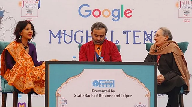 Authors Arjun Singh (centre) and Rauf Ahmed (right) with Anuja Chauhan. (Photo: <a href="https://twitter.com/JaipurLitFest/status/691210552152977408">Twitter.com/@JaipurLitFest</a>)