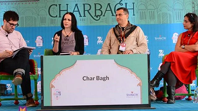 Jonathan Shainin with Mona Eltahawy, Sulaiman Addonia, and Laleh Kahlili (left to right). (Photo: <a href="https://twitter.com/JaipurLitFest/status/691183838857265152">Twitter.com/@JaipurLitFest</a>)