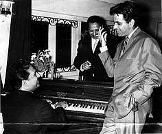 Pran and Dilip Kumar seen here with Shankar of music director duo Shankar-Jaikishan (Photo courtesy: Pinterest)