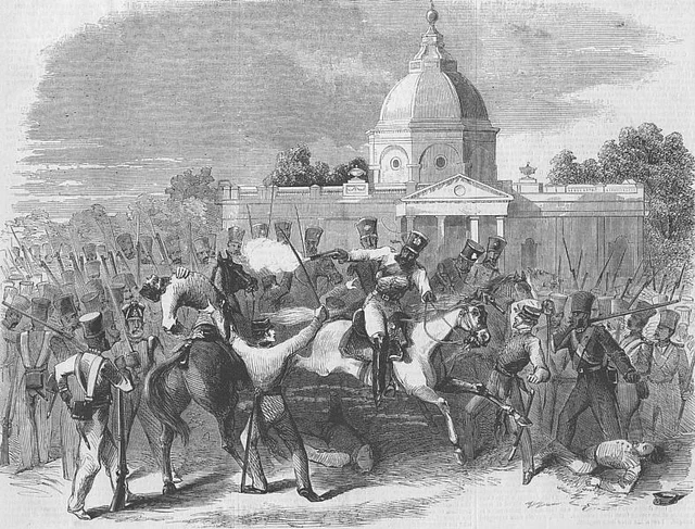 British officers being surrounded by mutineering Indian soldiers. (Photo Courtesy: Illustrated London News, 1857)